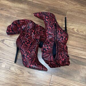 Shoe Dazzle Red Snake Print Heeled Boots
